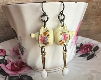 Yellow Porcelain Sugar Bowl Earrings with Flowers / Floral Pattern | Hypoallergenic Ear Wires | Tea Party | Tea Lover Gifts | Teatime | Food