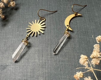 Sun and Moon Brass Earrings - Clear Quartz Points - Hypoallergenic Ear Wire Options - Asymmetrical Earrings - Celestial Earrings