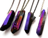 Purple Rainbow Aura Titanium Quartz Raw Crystal Necklace | Stirling Silver, Silver-Plated, Gunmetal, Antiqued Brass or Antiqued Copper Chain