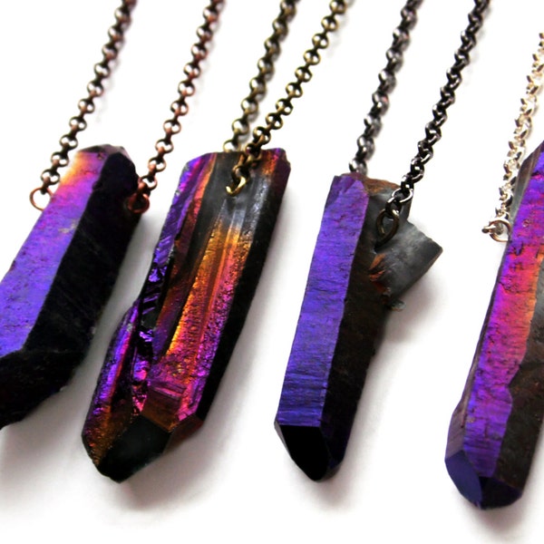 Purple Rainbow Aura Titanium Quartz Raw Crystal Necklace | Stirling Silver, Silver-Plated, Gunmetal, Antiqued Brass or Antiqued Copper Chain