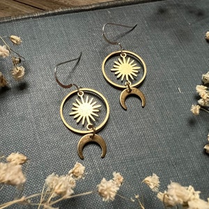 Sun and Moon Raw Brass Hoop Celestial Earrings Hypoallergenic Ear Wire Options Dangle Earrings Sterling Fish Hooks