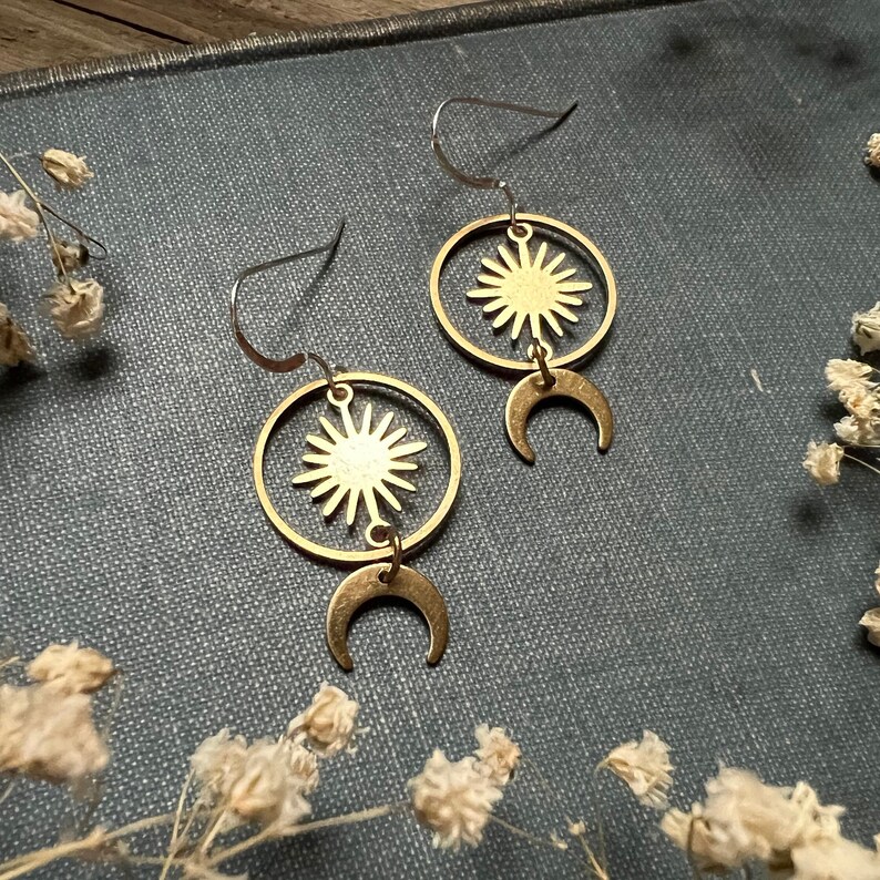 Sun and Moon Raw Brass Hoop Celestial Earrings Hypoallergenic Ear Wire Options Dangle Earrings Sterling Fish Hooks