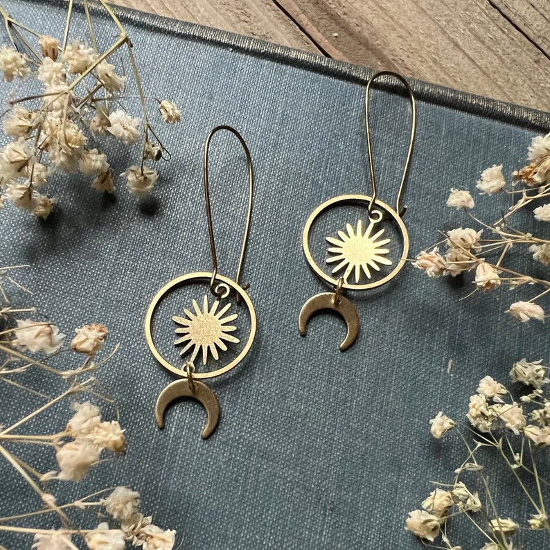 Sun and Moon Raw Brass Hoop Celestial Earrings Hypoallergenic Ear Wire Options Dangle Earrings Kidney Wires