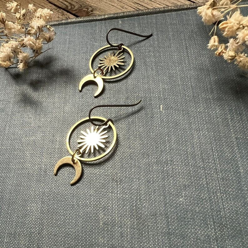 Sun and Moon Raw Brass Hoop Celestial Earrings Hypoallergenic Ear Wire Options Dangle Earrings Niobium Fishhook