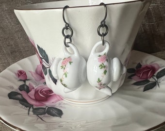 White Porcelain Tea Pot Earrings with Pink Flowers / Floral | Teapot | Hypoallergenic Ear Wires | Gauges | Tea Time | Tea Party | Barista