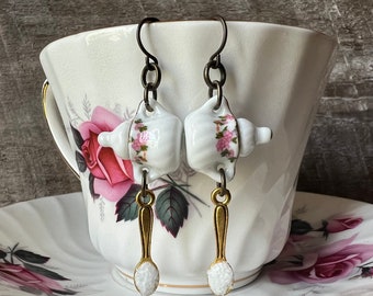 White Porcelain Sugar Bowl Earrings with Pink Flowers / Florals | Hypoallergenic Ear Wires | Tea Party | Tea Lover | Barista Gifts | Teatime