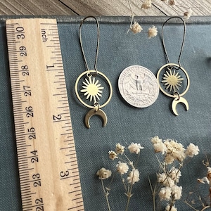 Sun and Moon Raw Brass Hoop Celestial Earrings Hypoallergenic Ear Wire Options Dangle Earrings image 5