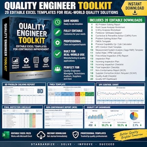 May include: A digital toolkit titled Quality Engineer Toolkit featuring 20 editable Excel templates for quality solutions. The graphic displays a list of documents including 8D reports, FMEA templates, SPC control charts, and a quality KPI dashboard.