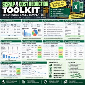 May include: A digital scrap and cost reduction toolkit featuring 10 editable Excel templates. The layout includes a scrap tracking log, analysis dashboard, root cause analysis, cost of poor quality calculator, Pareto analysis, and savings tracker.