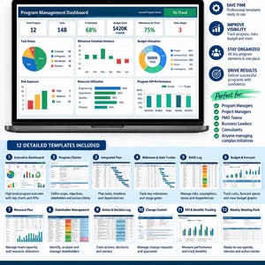 May include: A digital program management toolkit featuring editable Excel templates. The display shows a dashboard with project metrics, charts, and graphs, alongside a list of 12 detailed templates including executive dashboards and budget trackers.