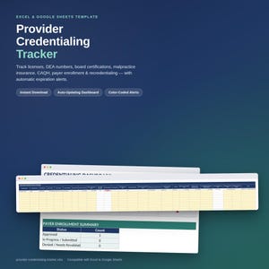May include: An Excel and Google Sheets template for a Provider Credentialing Tracker. The digital interface displays a spreadsheet with columns for licenses, DEA numbers, and certifications, plus a Payer Enrollment Summary table with status counts.