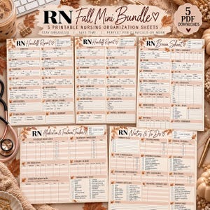 Può includere: Un set di cinque fogli organizzativi per infermieri stampabili intitolati RN Fall Mini Bundle, che includono RN Handoff Report, RN Brain Sheet, RN Medication & Treatment Tracker e RN Notes & To Do, con sezioni per le informazioni sui pazienti.