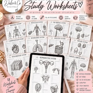Op de afbeelding: Een verzameling van 11 anatomische studiewerkbladen voor verpleegkunde- en zorgstudenten, met gedetailleerde zwart-witdiagrammen van het skelet-, spier-, zenuw-, endocriene, cardiovasculaire, ademhalings-, spijsverterings-, urineweg-, integumentaire, voortplantings- en lymfestelsel.