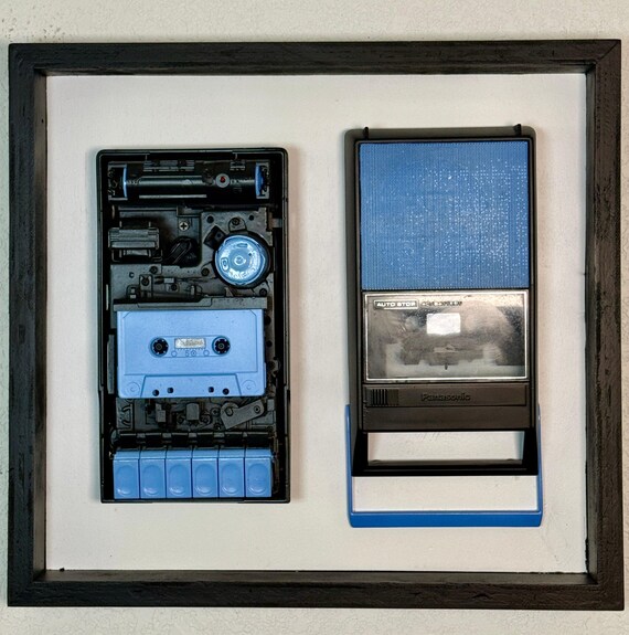 Vintage Panasonic Cassette Player Wall Art, Electric Blue Shadow Box (1970s Technology Decor)