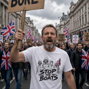 Könnte beinhalten: Ein weißes T-Shirt mit einer Grafik von vier Kapuzenfiguren und dem Text STOP THE BOATS, wobei eine Figur eine kleine britische Flagge hält. Das T-Shirt wird von einer Person in einer Menschenmenge getragen, die ein Pappschild in der Straße hält.