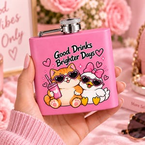 Rosa rostfri kolv, Cat & Duck-höftkolv, 170 ml resedryck