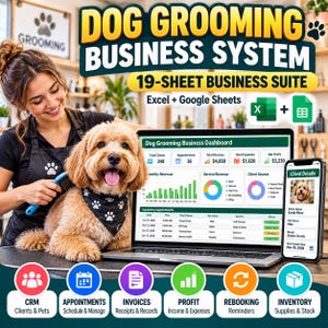 Foglio di calcolo per attività di toelettatura cani / CRM, appuntamenti, fatture e profitti / Excel + Fogli Google