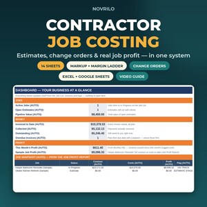 May include: A digital dashboard titled Contractor Job Costing by Novrilo, featuring sections for Jobs, Money, and Profit. The interface displays automated financial data, including active jobs, invoice totals, and a job snapshot table on a dark background.