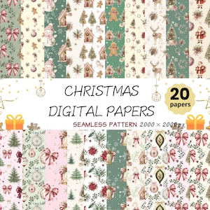 May include: A collection of 20 Christmas digital papers featuring seamless patterns with illustrations of gingerbread men, reindeer, Santa Claus, Christmas trees, ornaments, bows, and houses in green, red, and cream colors, labeled 2000 x 2000px.