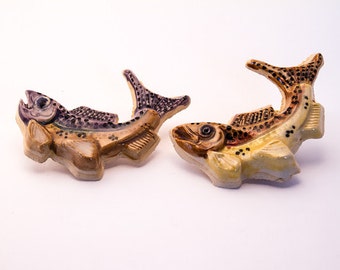 Handcrafted unique three dimensional fish tile, ceramic, multi colored, semi-realistic