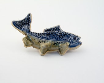 Handcrafted unique three dimensional fish tile, ceramic, multi colored, semi-realistic