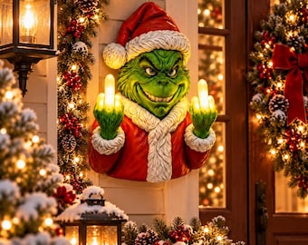 Divertente decorazione natalizia verde da parete, personaggio natalizio luminoso, decorazione di Babbo Natale con gesto irriverente, decorazione natalizia per il portico, regalo umoristico per adulti