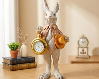 Vintage Alice in Wonderland Rabbit Figurine, Resin Pocket Watch Statue, Cottagecore Table Decor