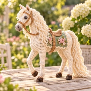 Crochet Horse Pattern PDF | Large White Horse Amigurumi Pattern | Floral Saddle Horse Plush Tutorial | Standing Horse Pattern US Terms