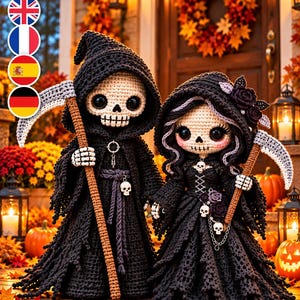 May include: Two crocheted dolls dressed in black hooded robes. The left doll has a skull face and holds a scythe. The right doll has a skull face, long hair with black roses, and holds a scythe. Both figures feature intricate black yarn details.