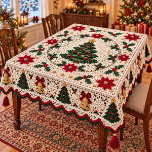 May include: A rectangular cream-coloured crochet tablecloth featuring a central Christmas tree motif surrounded by red poinsettias, green holly leaves, and white snowflakes. The scalloped edges are decorated with alternating green trees and gold bells.