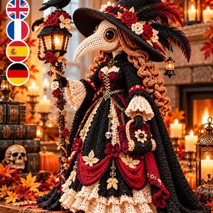 May include: A crocheted plague doctor doll wearing a black and red gown with cream ruffles, a wide-brimmed hat with red roses and feathers, and a bird-like mask. The doll holds a tall, ornate lantern staff topped with a small black raven figure.