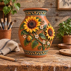 May include: A terracotta vase featuring a raised relief design of two large yellow sunflowers, green leaves, and small white flowers. The vase has a dark green band with a repeating leaf pattern around the top and bottom rims, with a smooth finish.