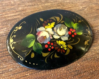 Vtg Russian Lacquerware Brooch - Hand Painted by Kotova