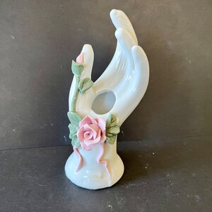 Vtg Mano de porcelana esculpida con flor de rosa
