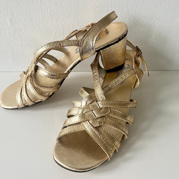 1960s Gold Metallic Strappy Chunky Heel Sandals - Size US Women's 8 - Fancy Formal Party or Wedding