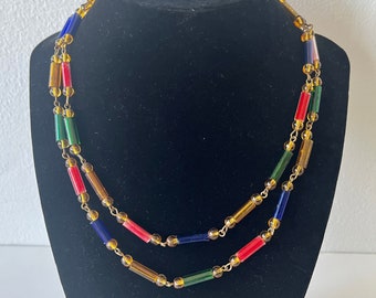 1930s Double-Strand Multicolor Glass Bead Station Necklace - 16.5" - Vintage Art Deco Depression Era Modernist Jewelry