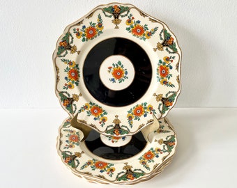1920s-30s John Maddock & Sons "Minerva" Platos de almuerzo de cerámica impresos - Juego de 4 - Vajilla de época Art Deco inglesa - Frutas y flores