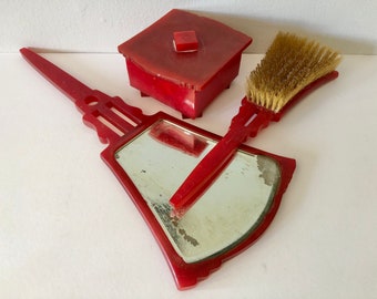 Vtg Art Deco Lucite Vanity Set - Brush, Mirror, Powder Box - circa 1930s - Vintage Matching Red Dresser Set