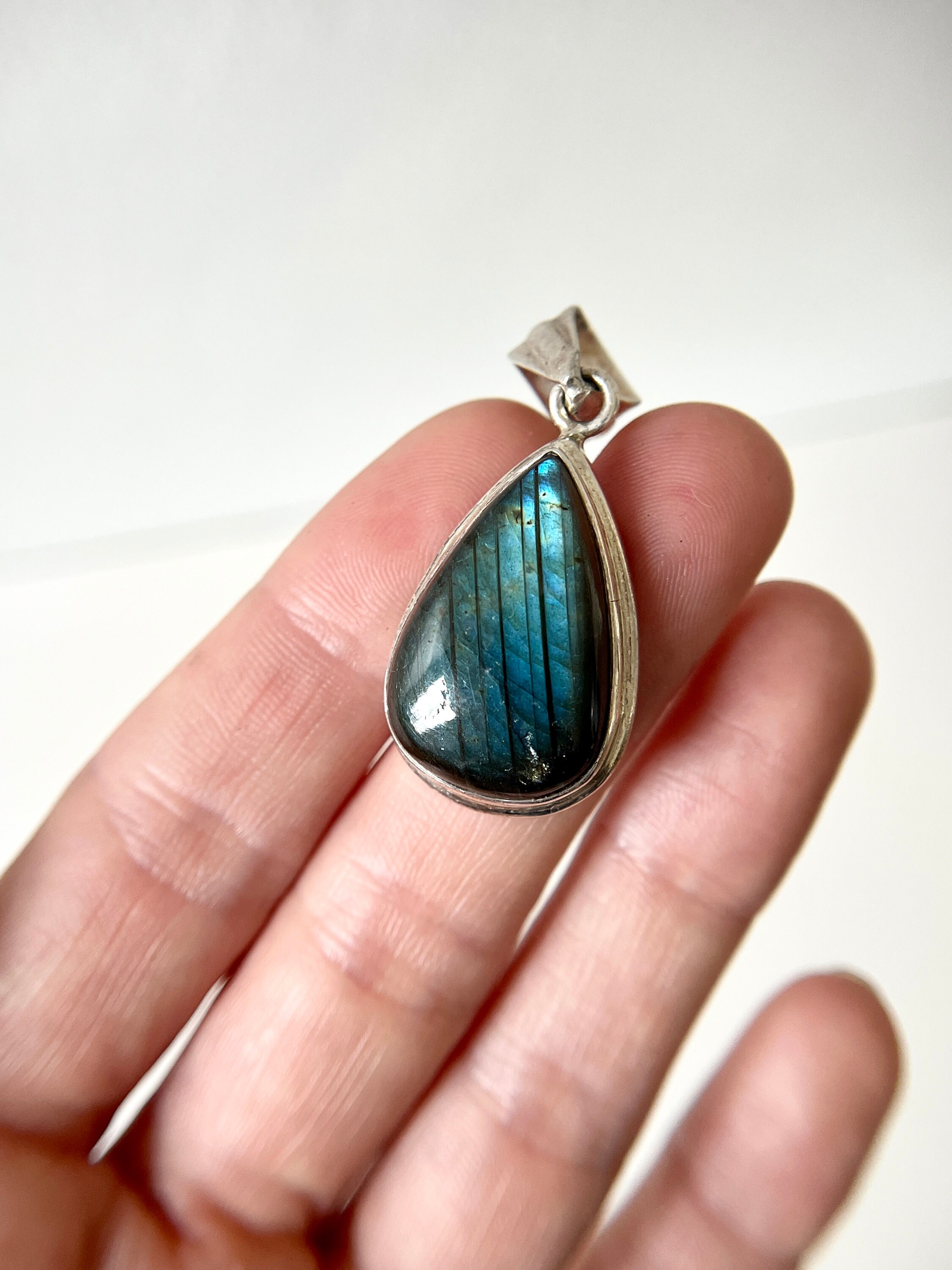 Vtg Sterling & Labradorite Large Necklace Pendant
