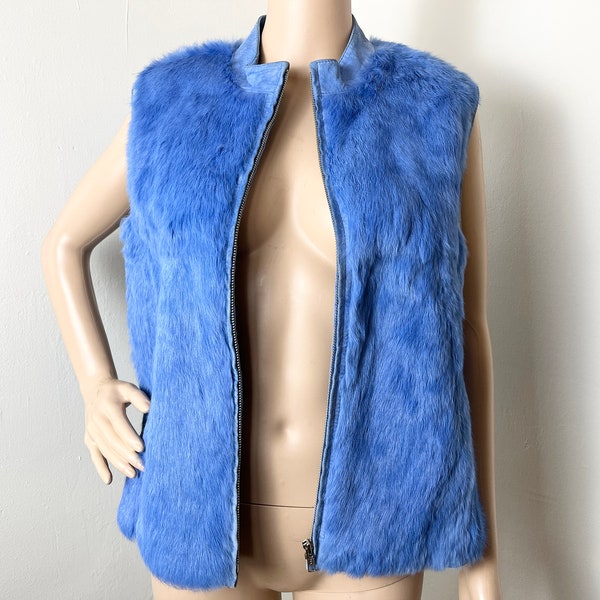 Y2K Cerulean Rabbit Fur & Suede Vest by Yvonne Marie - Vintage Women's Blue Genuine Canadian Rabbit Zip Vest - Size 14 US