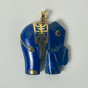 Vtg 14K Gold Carved Lapis & Amethyst Chinese Elephant Pendant - Vintage Genuine Gold and Gemstone Figural Necklace Charm