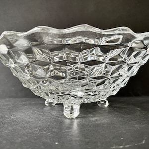 Mid Century Fostoria &quot;American&quot; 2056 Clear Glass Three-Foot Serving or Decorative Bowl - Vintage Cubic Pattern Glass Serveware
