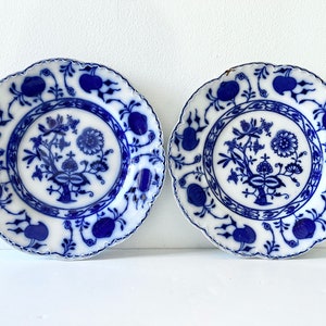 Two Ca. 1913 Johnson Bros. &quot;Holland&quot; Flow Blue Ironstone Dinner Plates - Blue Onion Style Cobalt on White English Pottery Dinnerware