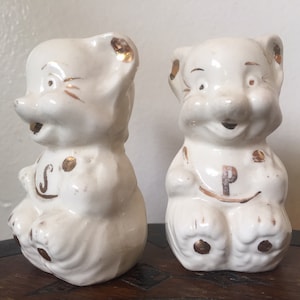 Vtg Japanese Gilt Porcelain Cat Salt & Pepper Shakers, Mid Century