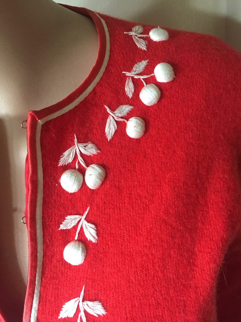 1960s Vintage Fruit-Embroidered Cashmere Wool Blend Cardigan Sweater