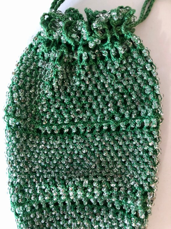 1930s Clear Beaded Crocheted Green Drawstring Min… - image 2