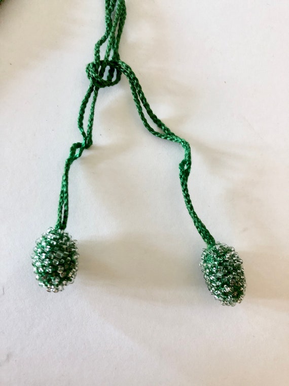 1930s Clear Beaded Crocheted Green Drawstring Min… - image 4
