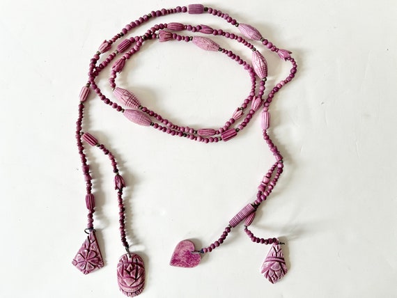 1930s Dyed Bone Carved Bead Lariat Necklace - Art… - image 1