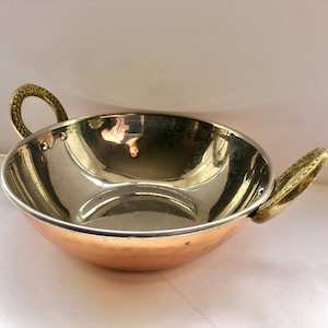 Vtg French Style Hammered Copper Clad Bowl with Ornate Brass Handles