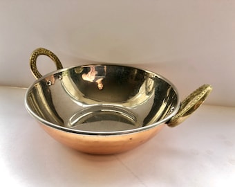 Vtg French Style Hammered Copper Clad Bowl with Ornate Brass Handles